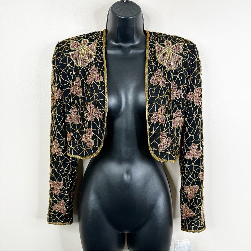 Vintage Papell Boutique Jacket Womens M Silk Beaded Boxy Deadstock VTG Cropped